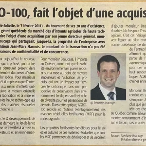 Acquisition d'Agro-100 par Stéphane Beaucage en 2011